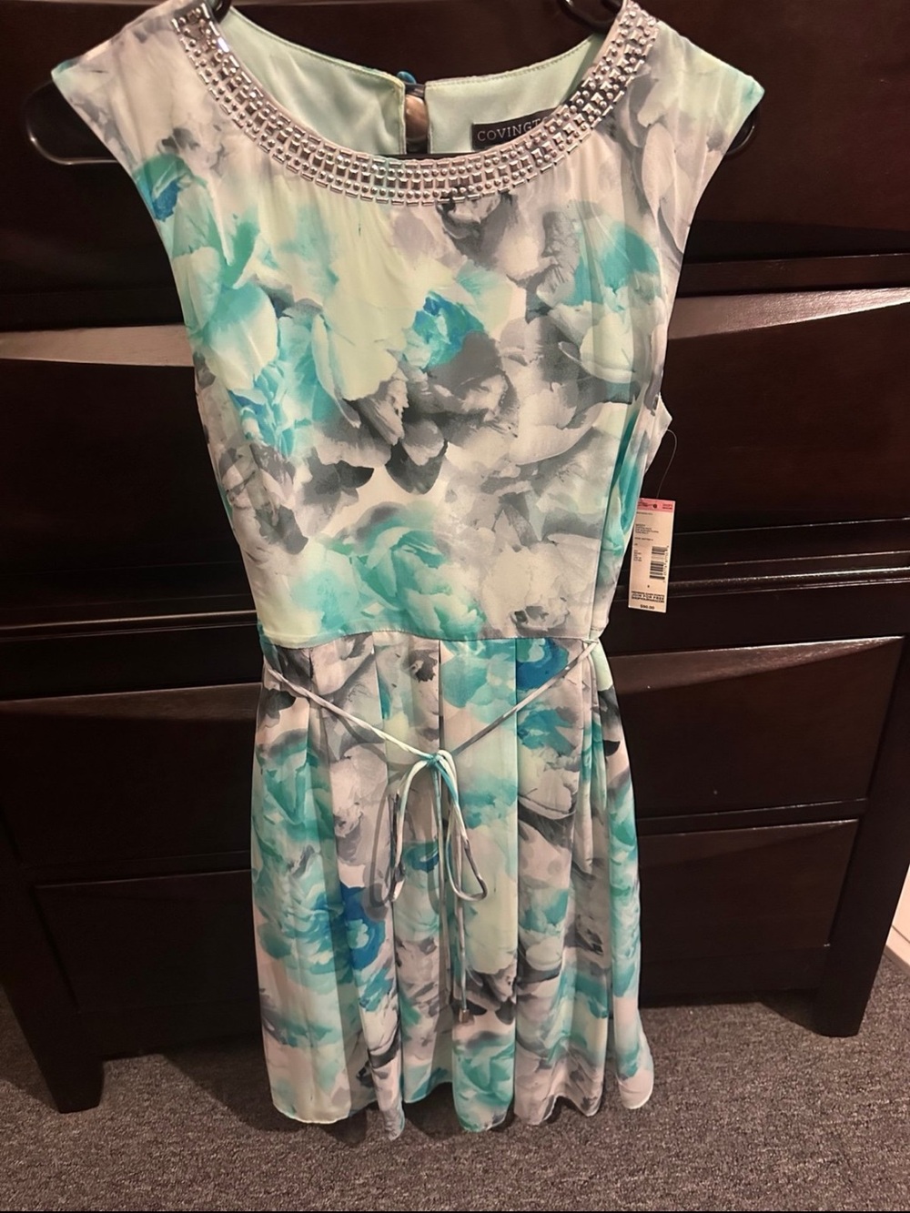 Covington Aqua and Gray Floral Midi Dress with Beaded Neckline